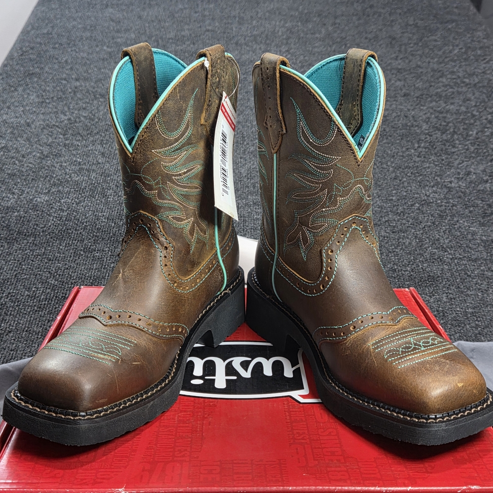 Justin Women Mandra Pull On Scalloped Mid-Calf Water Buffalo Work Boots 6.5 B Bl